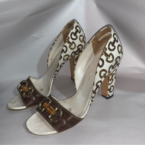 GUCCI size 39B cream linen block heel d'Orsay pumps with bamboo accent at vamp - Picture 7 of 14